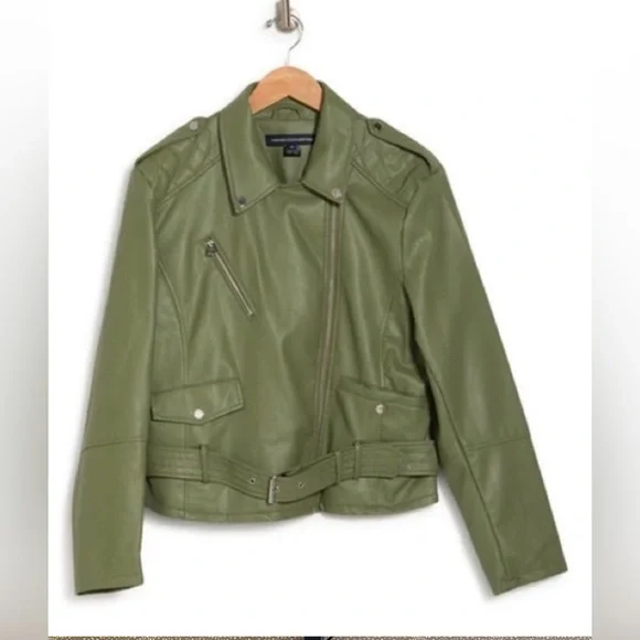 NWOT French Connection Faux Leather Moto Jacket in Army Green - Size L - Picture 1 of 5